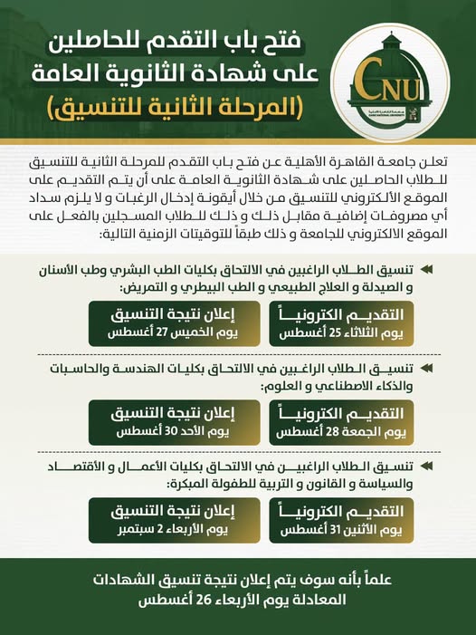 تقديم جامعة القاهرة الأهلية 2026.. مواعيد المرحلة 